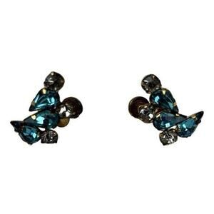 Vintage Gold‎ Tone Aqua Blue Cluster Screw Back Earrings